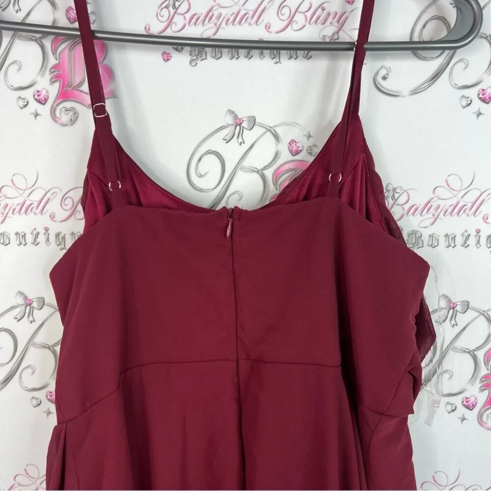 Qq fashion dress ruffle detail wine red Burgundy Evening Gown